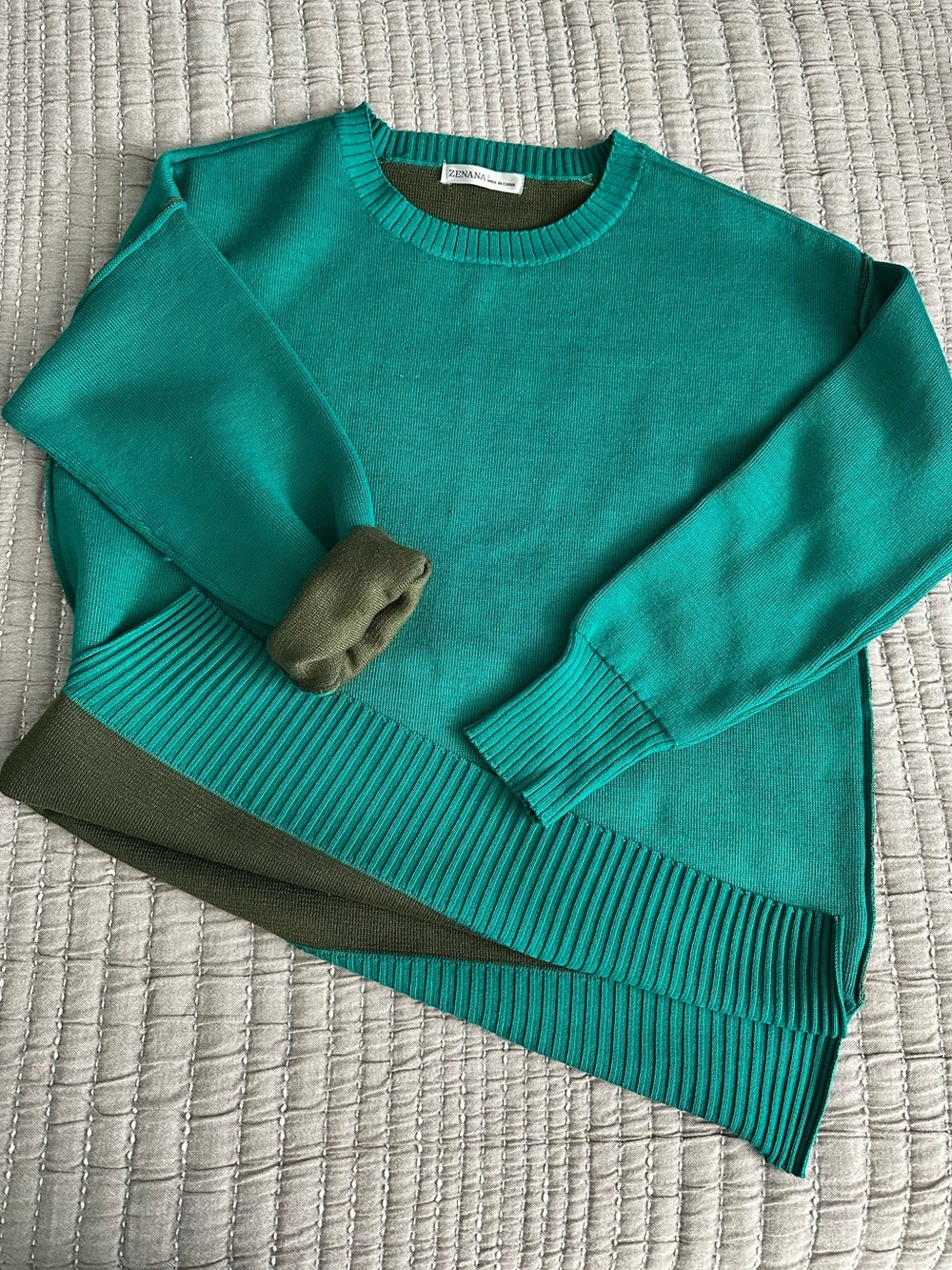 Zenana Outfitters Teal Green and Olive Crewneck Sweater